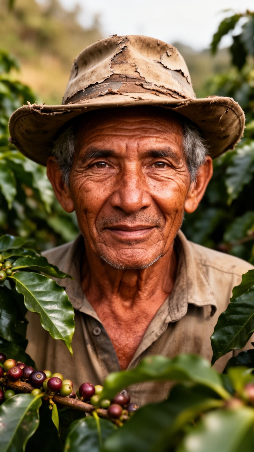 Portrait of a Colombian coffee producer in a field of coffee plants
